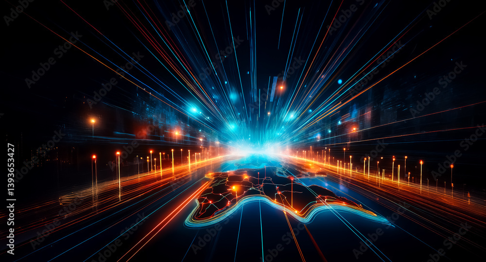 Poster abstract digital artwork with bright blue and orange light rays emanating from a glowing landmass on
