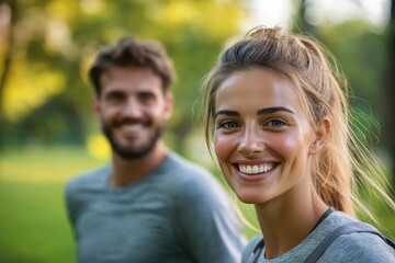 Obraz premium Happy couple smiling outdoors in a beautiful natural environment