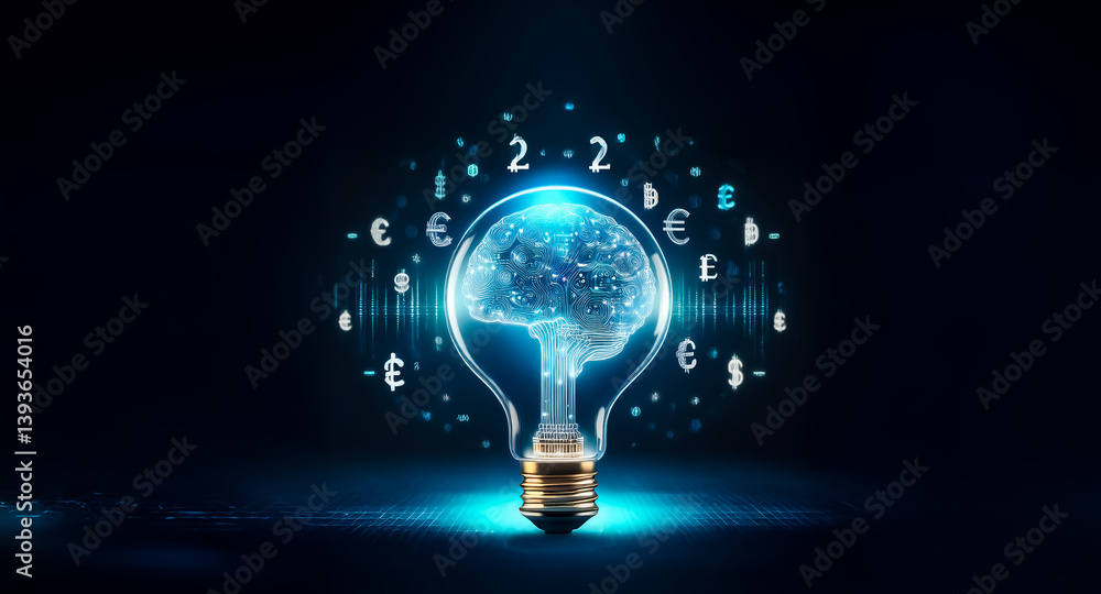 Poster a glowing light bulb filled with a digital brain is surrounded by currency symbols and numbers, repr