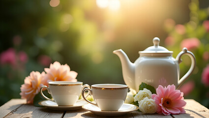 Fototapeta premium Enchanting Garden Tea Setting: Vintage Teaware, Floral Backdrops & Natural Light for Serene Outdoor Gatherings - Photo Stock Concept with Empty Space