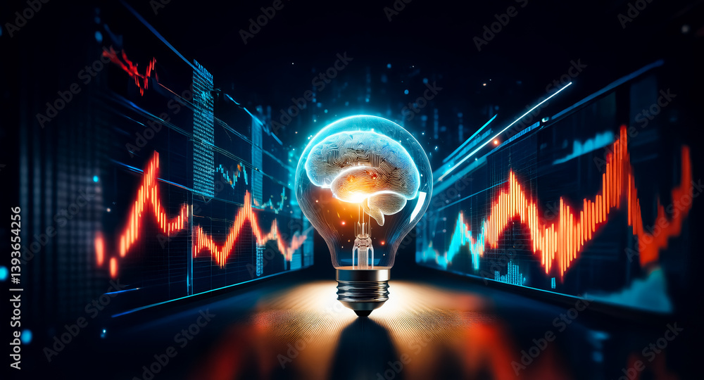 Poster light bulb with brain inside illuminates against a dark tech background with glowing graphs and line