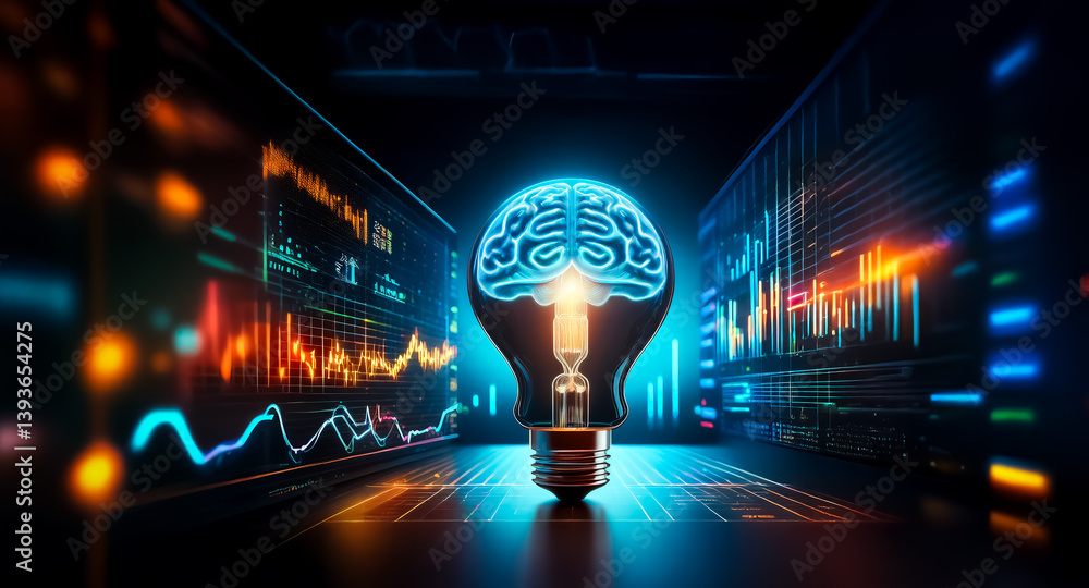 Aufkleber illuminated brain light bulb symbolizes innovative ideas amid digital data streams and futuristic te