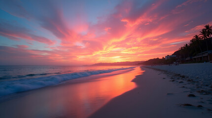 Capture the serene beauty of an evening beachside sunset, showcasing refined twilight hues and dynamic coastal charm for premium stock photography.