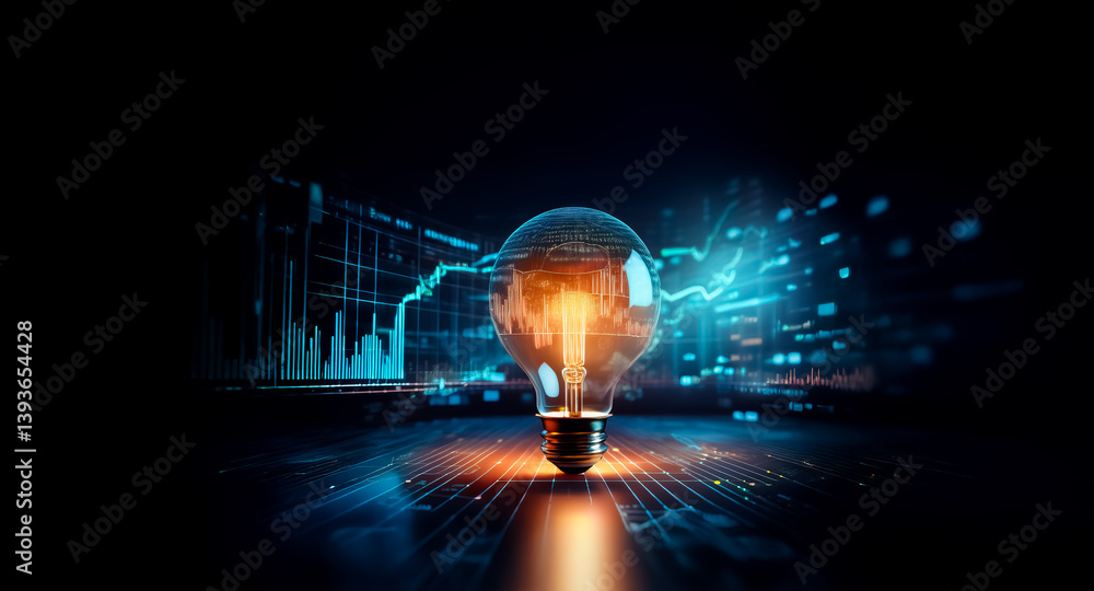 Poster illuminated lightbulb amidst abstract blue data streams on a dark backdrop. symbolizes innovation an