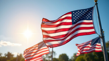 Naklejka premium Majestic waving American flags are vividly portrayed in an outdoor setting, showcasing dynamic motion and crisp detail, evoking deep patriotism and national pride in this Photo Stock concept, with emp