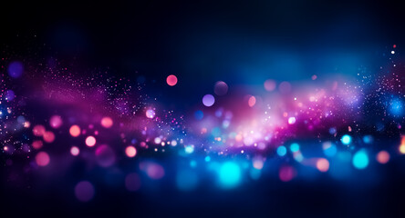 Abstract bokeh lights on a dark backdrop create a dreamy and vibrant scene. Blue and purple hues blend with sparkling, blurry circles, evoking a festive and magical atmosphere.