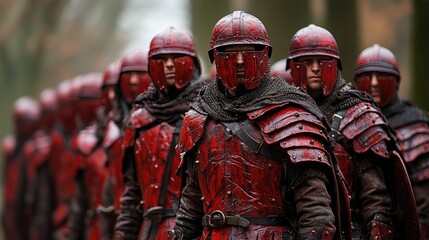 Fototapeta premium Crimson Legion: A Breathtaking Glimpse into Medieval Military History. A Powerful Image of Ancient Warriors in Red Armor.