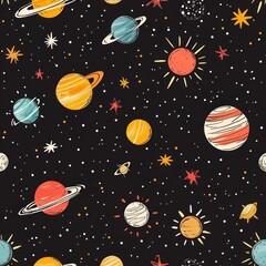 A whimsical hand drawn space pattern featuring planets stars and suns