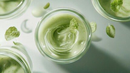 Top View of Green Cosmetic Cream with Mint Leaves