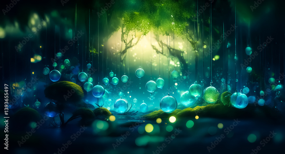Aufkleber dreamlike forest with glowing orbs scattered around. silhouetted trees against a softly glowing back