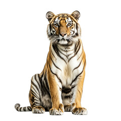Obraz premium a majestic tiger sits confidently showcasing its striking fur patterns and intense gaze against a plain background. beauty and power of magnificent animal