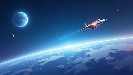 Obraz premium Flat Exhibit a modern wallpaper design illustrating space technology with expansive empty space and sleek digital visuals that convey advanced engineering innovative spacecraft design and transformati