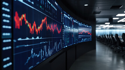 modern corporate conference hall features large digital screens displaying stock market data with vibrant graphs and charts, creating engaging