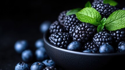 Fresh blackberries and blueberries in a bowl. Dark, ripe berries with vibrant green leaves, close-up
