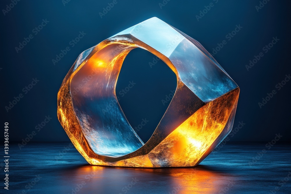 Poster 3d render of golden dodecahedron with blue core in minimalist studio setting