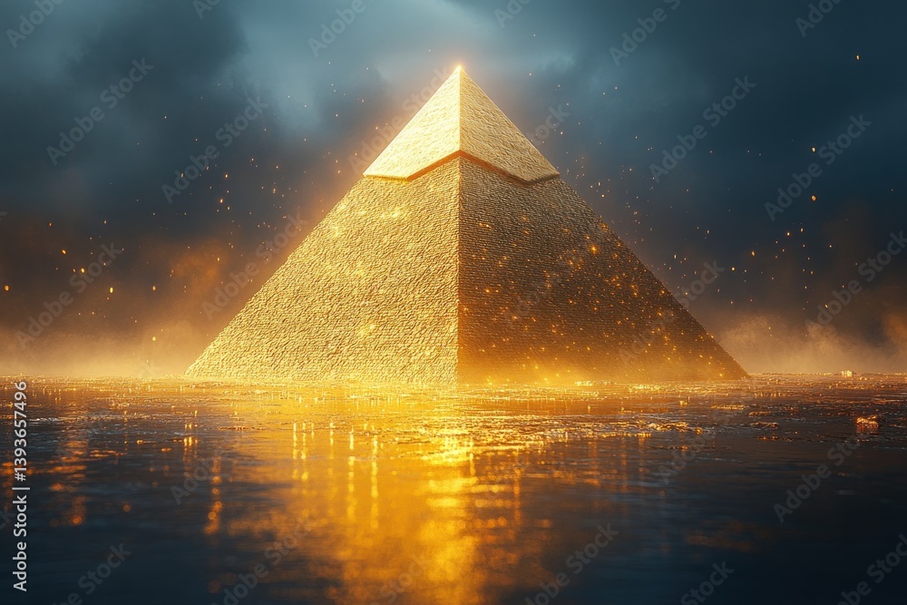 Poster golden pyramid floating in minimalist composition with ambient lighting and smooth gradient backgrou