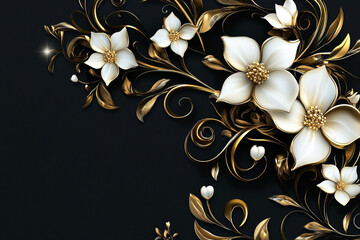 3D luxurious floral design with golden swirls and white flowers on a black background.