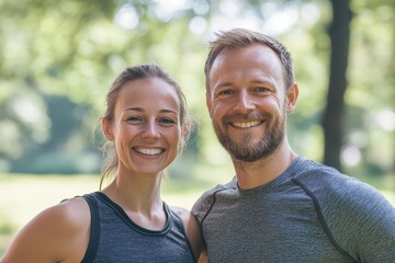 Obraz premium Smiling couple posing in a park with green background scenery