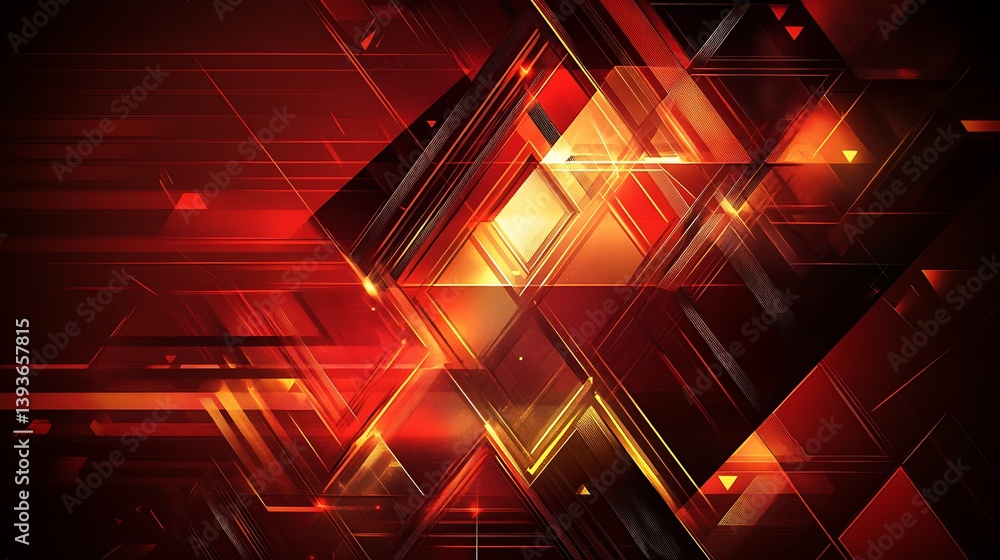 Poster an abstract digital background featuring dynamic, overlapping geometric shapes in vivid red and gold
