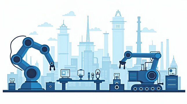 Flat Depicting advanced industrial automation environments integrating robotics digital control systems and automated production lines to enhance manufacturing productivity and efficiency in  Simple f