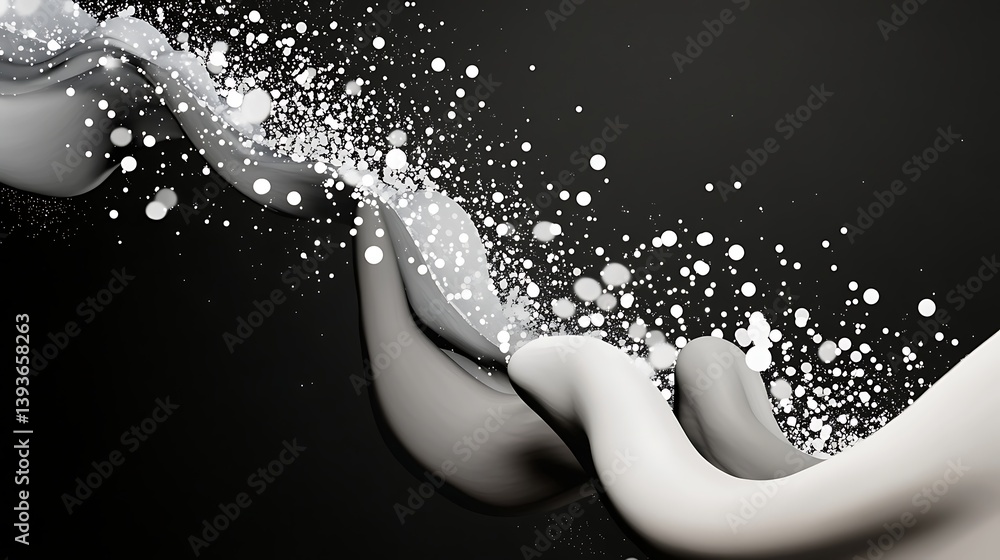 Poster dynamic abstract composition featuring smooth, flowing waves of gray and white with splashes of whit