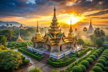 Fototapeta premium Golden Pagoda at Sunrise Serene Thai Temple Amidst Lush Greenery A Breathtaking Sunrise Scene in Thailand