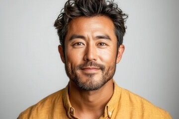 Fototapeta premium Close-up portrait of a smiling man with dark hair and beard, wearing a mustard yellow shirt