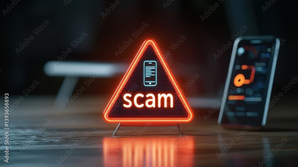 Poster bright red scam warning sign on a dark surface with a smartphone device in the background indicating