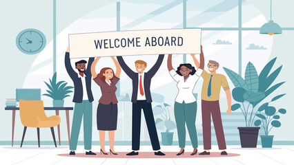 Cheerful welcome aboard message from a diverse business team in a modern office. Flat color illustration