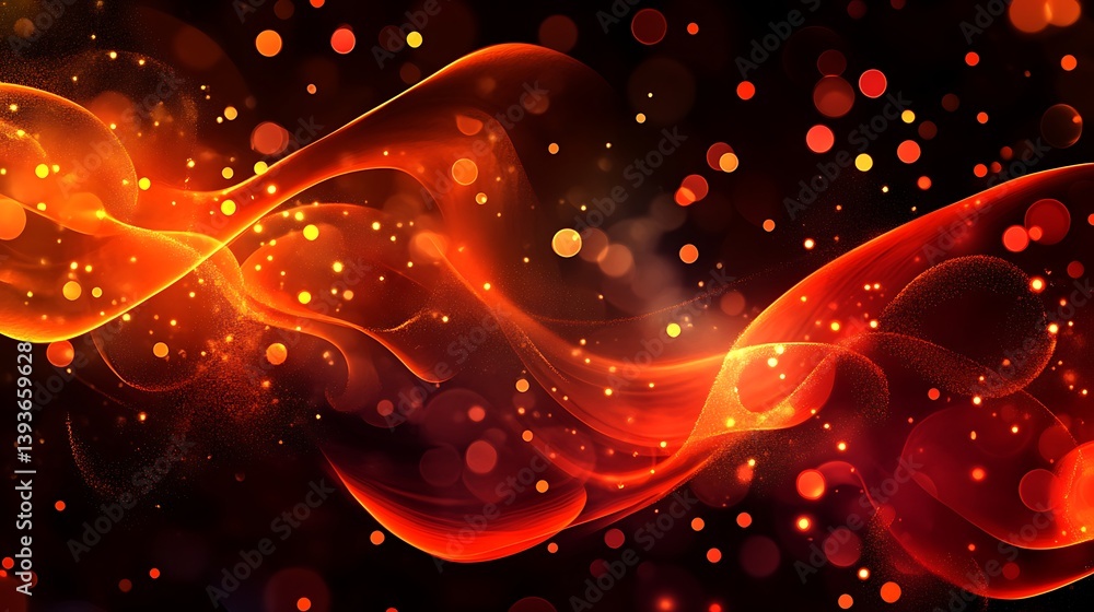 Poster abstract visualization of swirling red and orange waves with light particles creating a warm and dyn