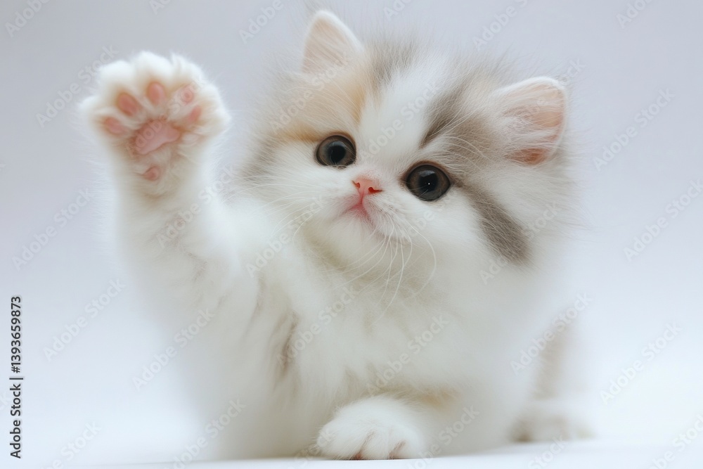 Leinwandbilder fluffy kitten playfully raising one paw on a white background showcasing its adorable features and c