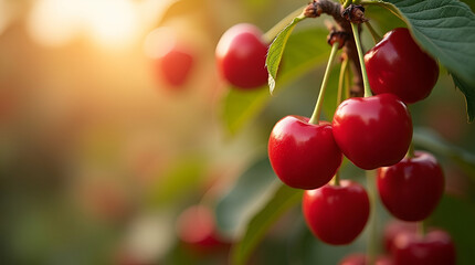 Refined visual capture showcasing the vibrant spirit of cherry harvest time, featuring meticulous detail and dynamic composition, ideal for premium seasonal stock imagery with empty space on the left.