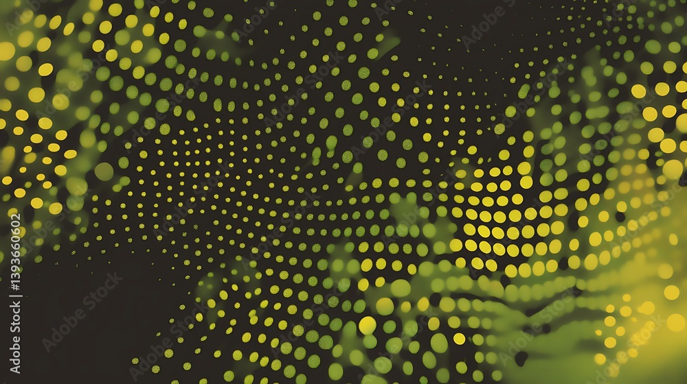 Poster abstract texture with dynamic wave patterns created using small dots in varying shades of green and 