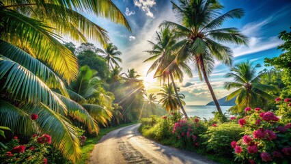 Lush Tropical Paradise Awaits Serene Winding Road Through Verdant Landscapes