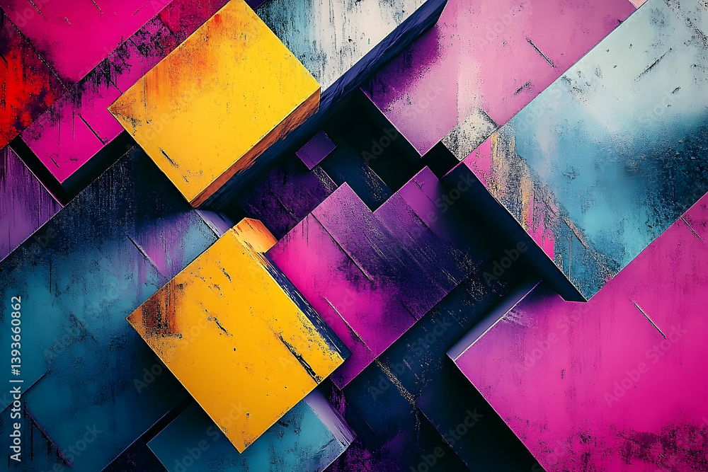 Poster a vibrant abstract design featuring overlapping textured cubes in bold colors.