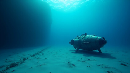 Naklejka premium Futuristic Underwater Exploration: Modern Minimalist Wallpaper Featuring Autonomous Underwater Vehicles and Advanced Oceanic Imaging in Expansive Empty Space