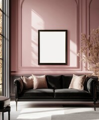 Elegant, luxurious living room with a dark sofa and blush pink walls