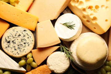 Different types of cheese, rosemary and grapes on table, flat lay