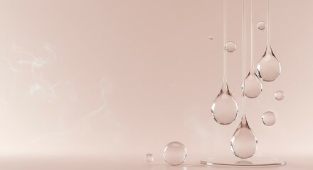 Transparent liquid droplets falling, abstract skincare cosmetic product design on beige background