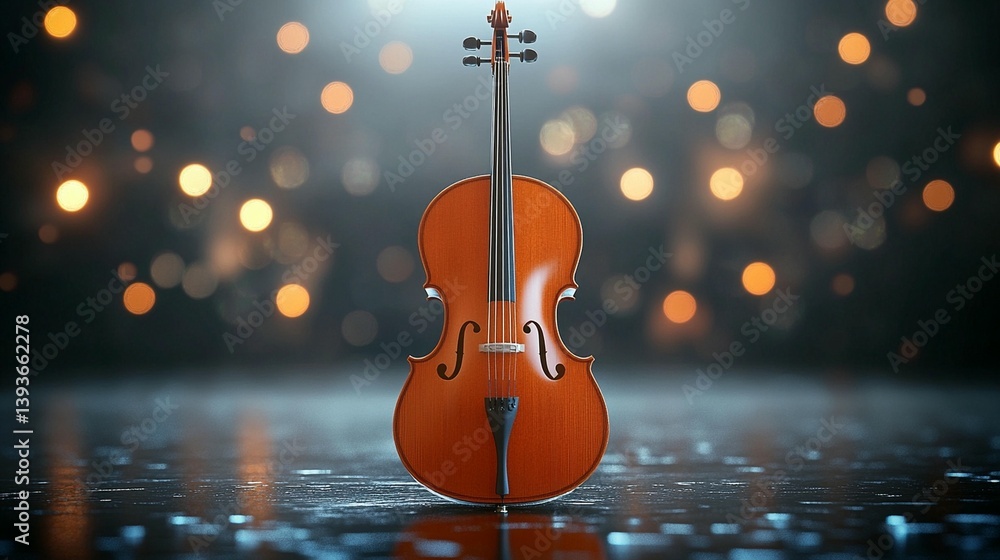 Poster a cello stands alone on a reflective surface, illuminated by a bokeh background.