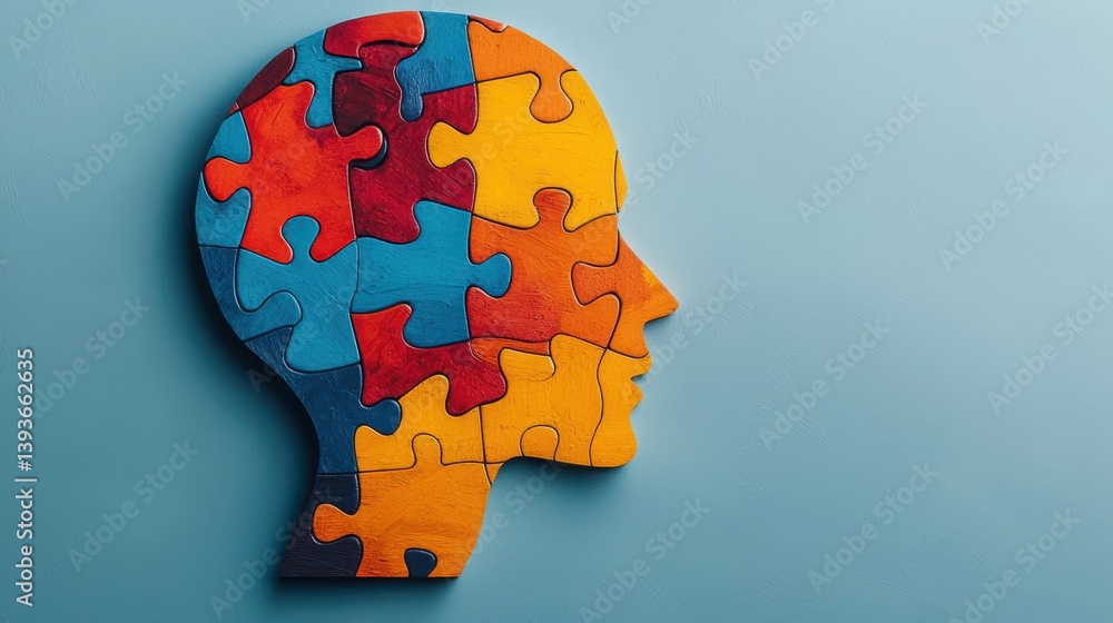 Poster colorful puzzle pieces arranged in the shape of a human head silhouette representing the complexity 