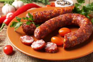 Different smoked sausages, cherry tomatoes and spices on table, closeup