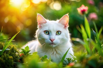 Adorable Odd-Eyed White Cat Relaxing in Garden - Tilt-Shift Stock Video