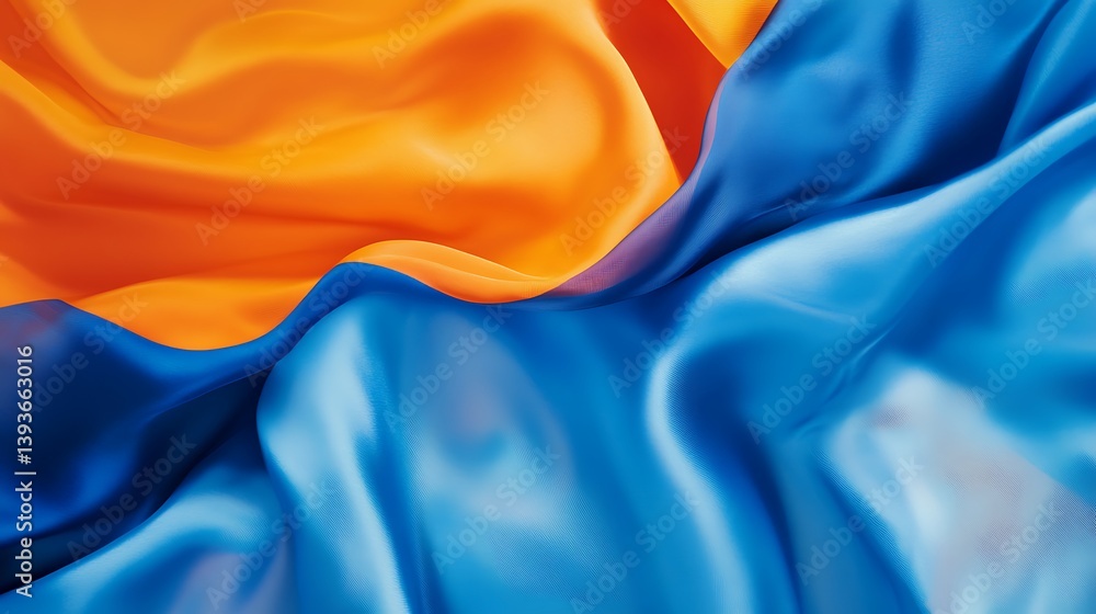 Poster silky fabric in vibrant orange and blue hues flowing gracefully and blending softly, creating an ele