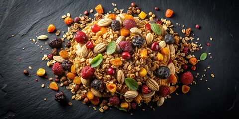 Aerial Drone Shot: Muesli & Dried Fruit Heap, Black Background - High-Resolution Food Photography
