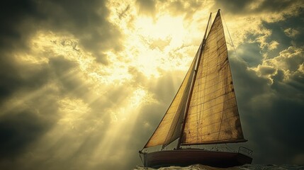Sailing vessel navigating through dramatic sky. Sunlight beams through stormy clouds