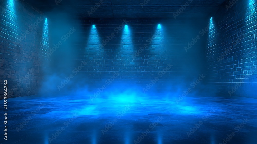 Poster an empty illuminated stage with blue lights and a misty atmosphere creating a dramatic and ethereal 