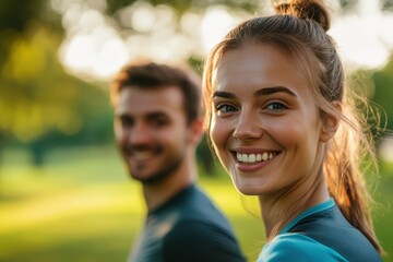 Obraz premium A Smiling Woman with a Man in Background Outdoors