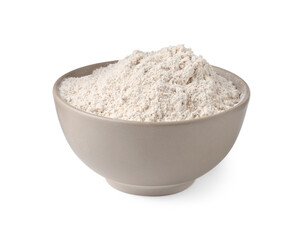 Brown rice flour in bowl isolated on white