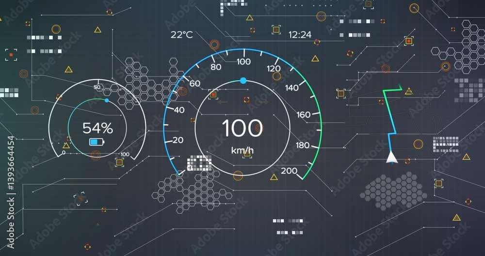 Poster animation of digital dashboard showing speedometer, temperature, and data indicators